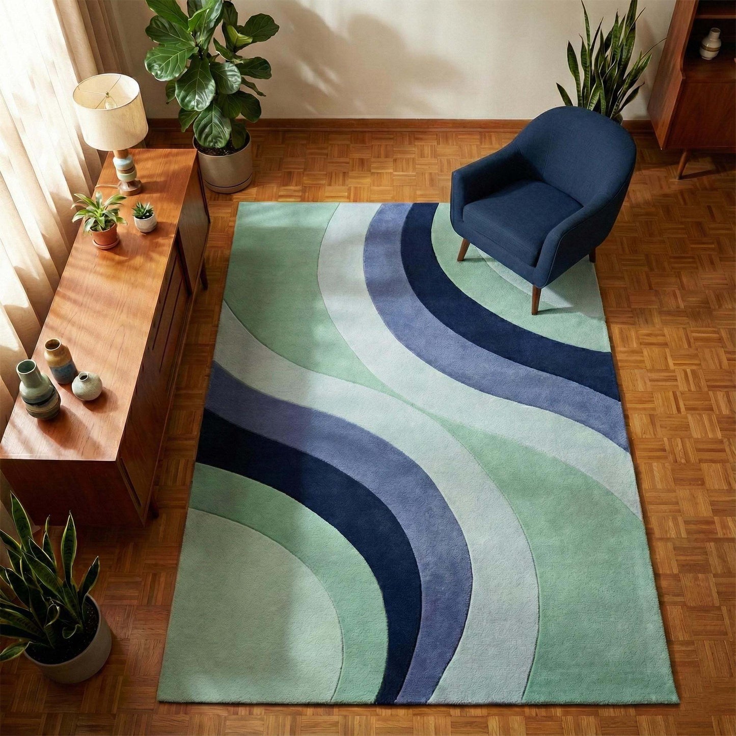 Modern abstract wave rug with sculpted pile in mint, navy, and blue tones, soft plush comfort, fade resistant, pet-friendly backing, and hand-carved texture for contemporary home decor.