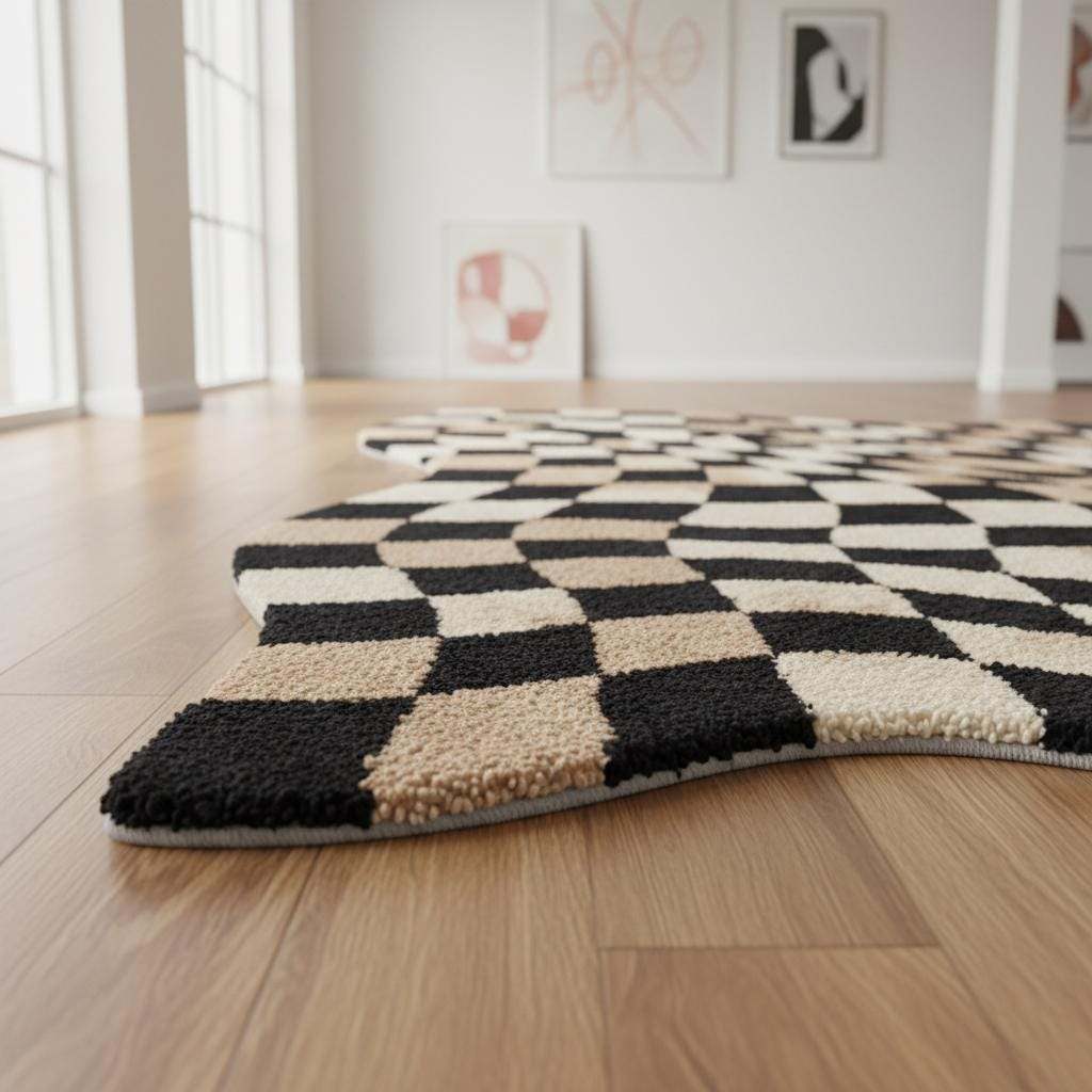 Modern wavy checkered rug in black and beige with optical illusion pattern and plush high pile texture