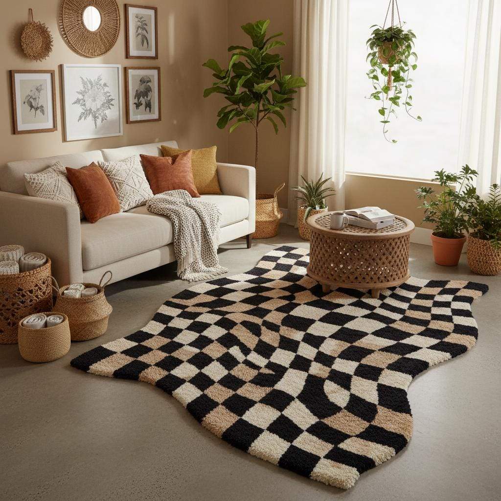 Black and beige distorted checkerboard area rug adding a bold artistic look to a contemporary curved sofa living space.