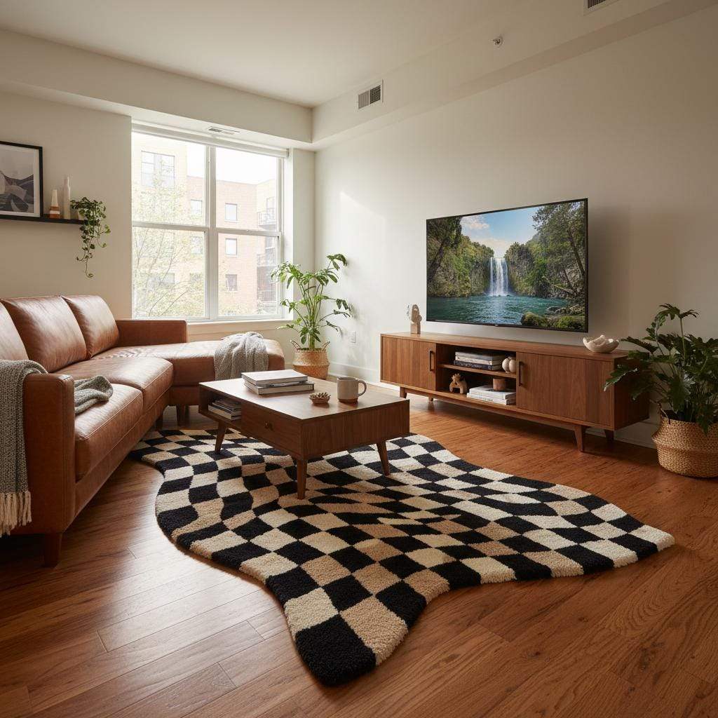 Retro-inspired wavy patterned rug creating movement and visual interest in a clean, minimalist living room setting.