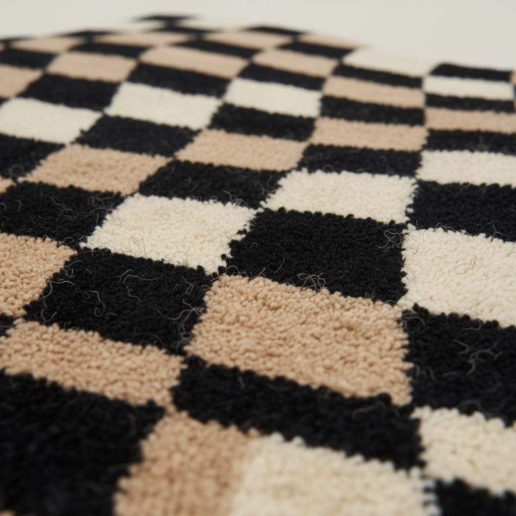 Black and beige wavy checkered rug with optical illusion pattern and plush high pile texture
