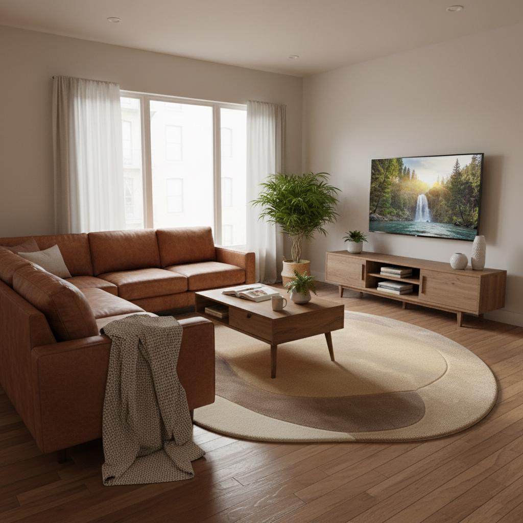 Modern sculpted texture rug with organic flowing shapes styled in a warm minimalist room.
