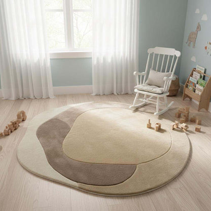 Modern abstract rug with organic shape, plush beige taupe tones, anti-slip backing for living room and bedroom decor