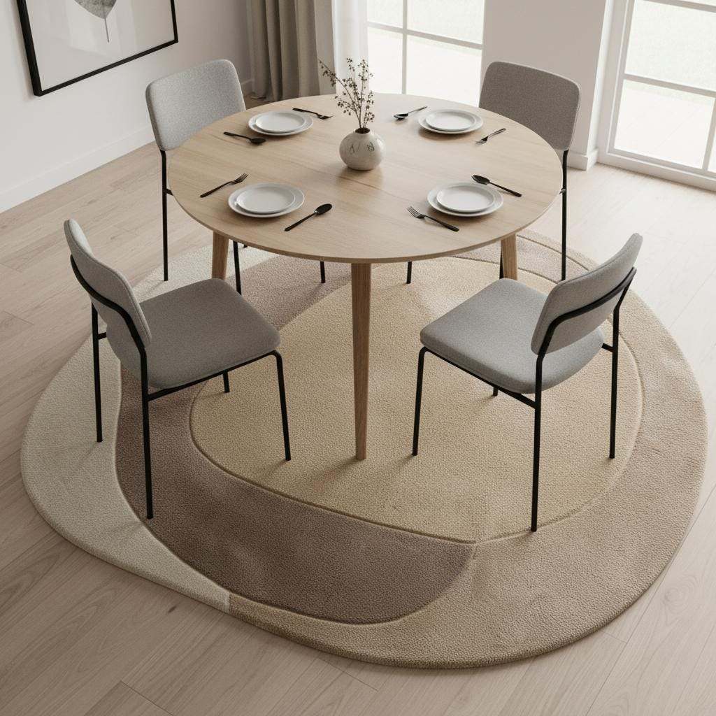 Neutral aesthetic abstract carpet featuring curved patterns in cream, beige, and taupe hues.