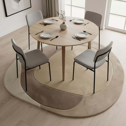 Neutral aesthetic abstract carpet featuring curved patterns in cream, beige, and taupe hues.