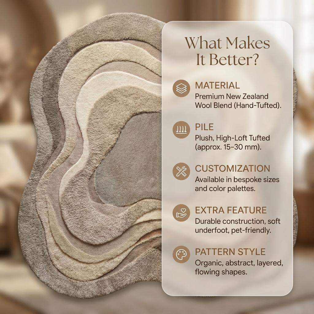 Neutral beige organic wavy area rug with textured layered design and soft plush surface