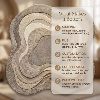 Neutral beige organic wavy area rug with textured layered design and soft plush surface