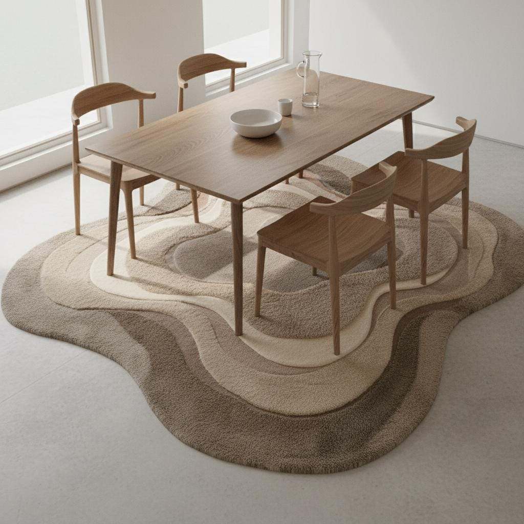 Organic wavy area rug in neutral beige with layered textured design and soft plush surface