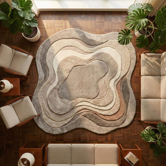 Neutral beige organic wavy area rug with textured layered design and soft plush surface