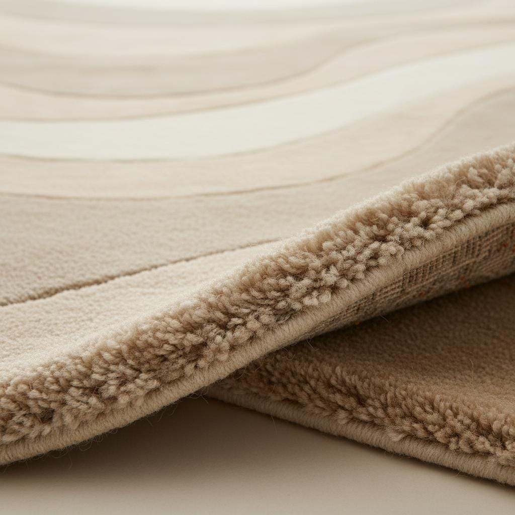 Beige cream area rug with wavy pattern in minimalist living room setting