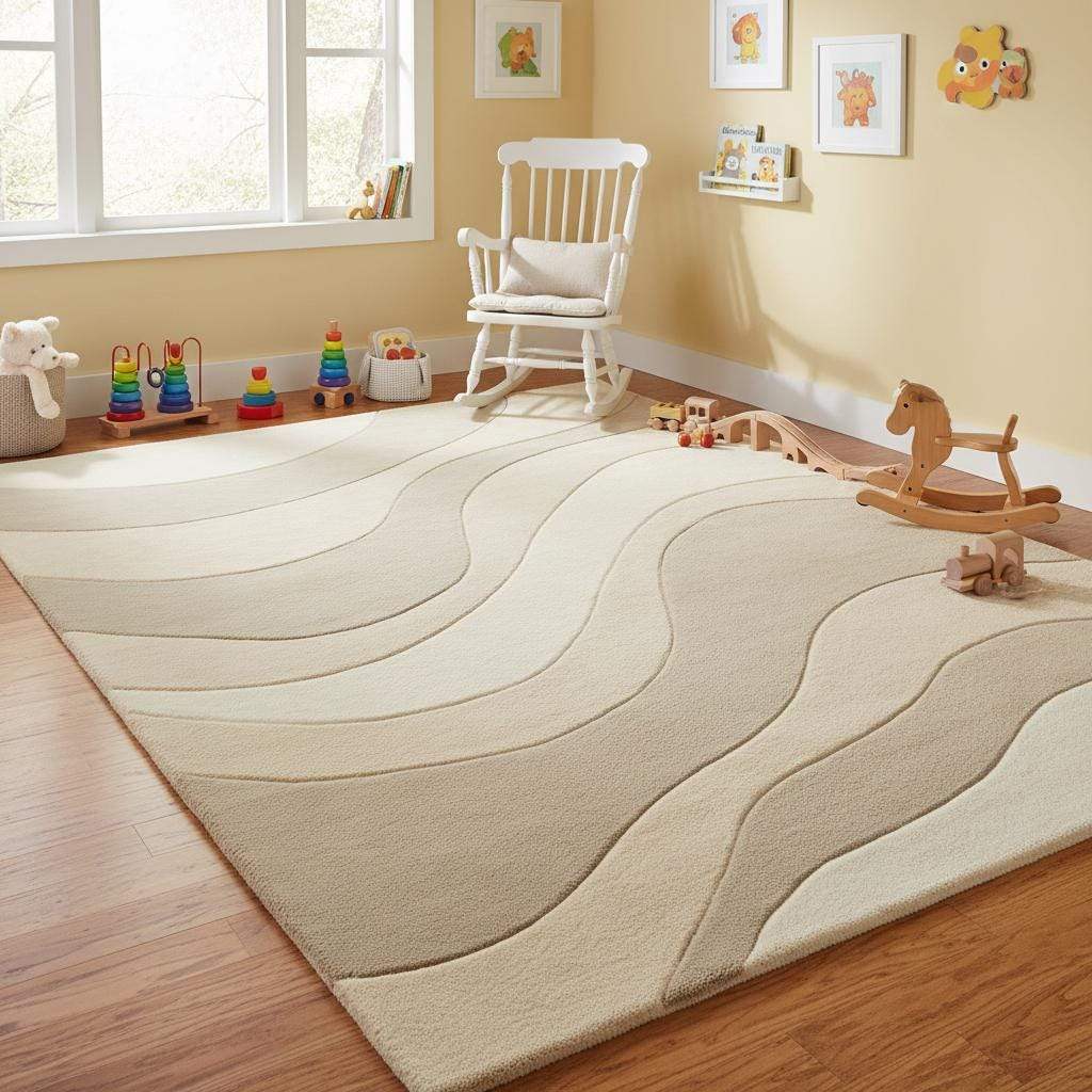 Contemporary wavy area rug in soft beige and cream hues creating a calming, textured focal point in a modern home.