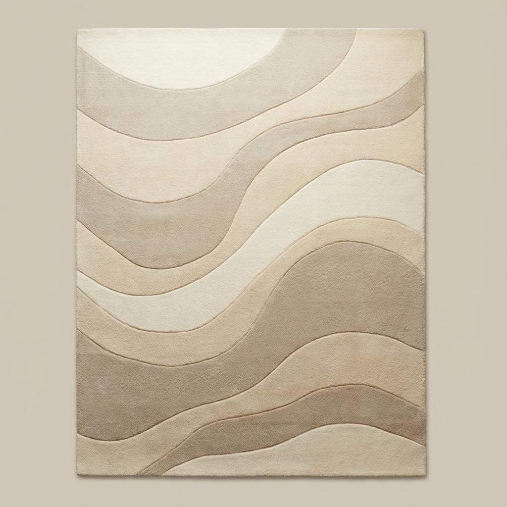 Textured beige and cream rug featuring flowing wave pattern placed under a light wood coffee table in a clean contemporary home.