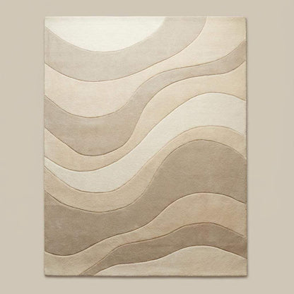 Textured beige and cream rug featuring flowing wave pattern placed under a light wood coffee table in a clean contemporary home.