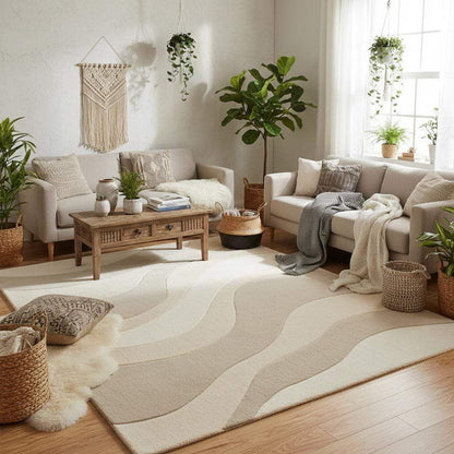 Soft neutral wave-pattern area rug on wood flooring in a bright Japandi-style interior with simple modern décor.