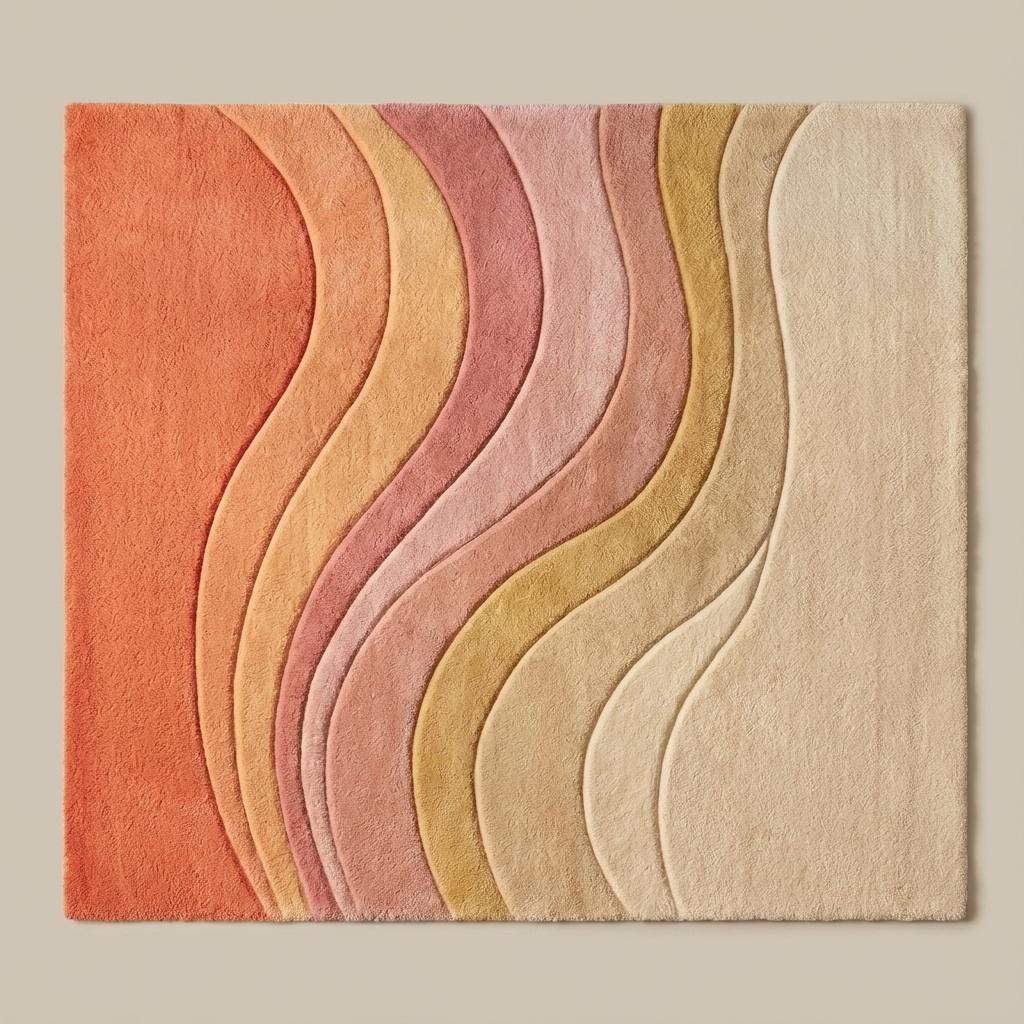 Hand-tufted wool area rug featuring carved wave patterns in peach, pink, gold, and cream tones on hardwood flooring.