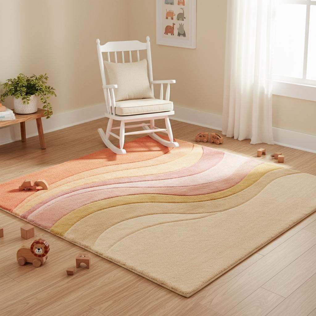 Colorful wavy tufted wool rug with plush pile and gradient design for modern home decor