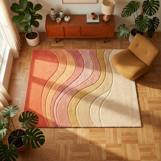 Modern wavy tufted wool rug with colorful gradient and plush wool pile for stylish interior decor