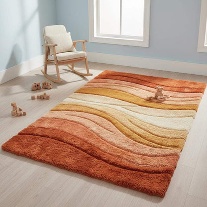 Abstract modern area rug with organic wave pattern, tufted surface and earthy color palette for stylish home decor