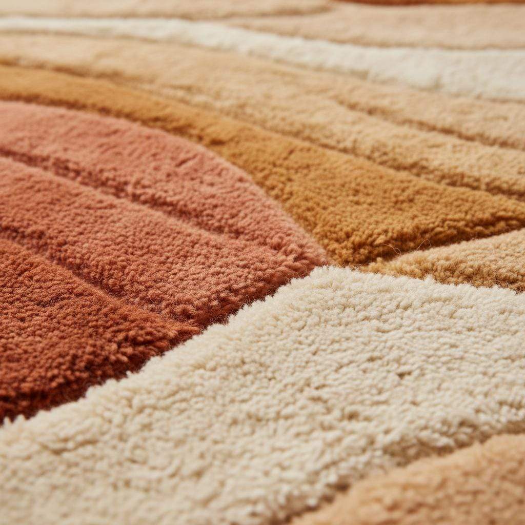 Mid century modern rug with sculpted wave design and earth tone colors in cozy living room setting