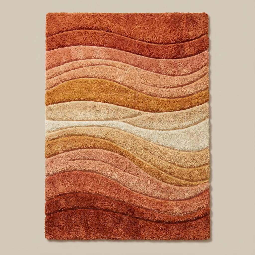 Retro boho wave rug featuring terracotta, rust, and cream curves, plush texture shown in natural sunlight