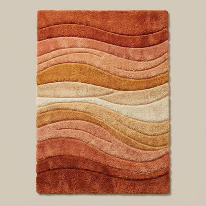 Retro boho wave rug featuring terracotta, rust, and cream curves, plush texture shown in natural sunlight