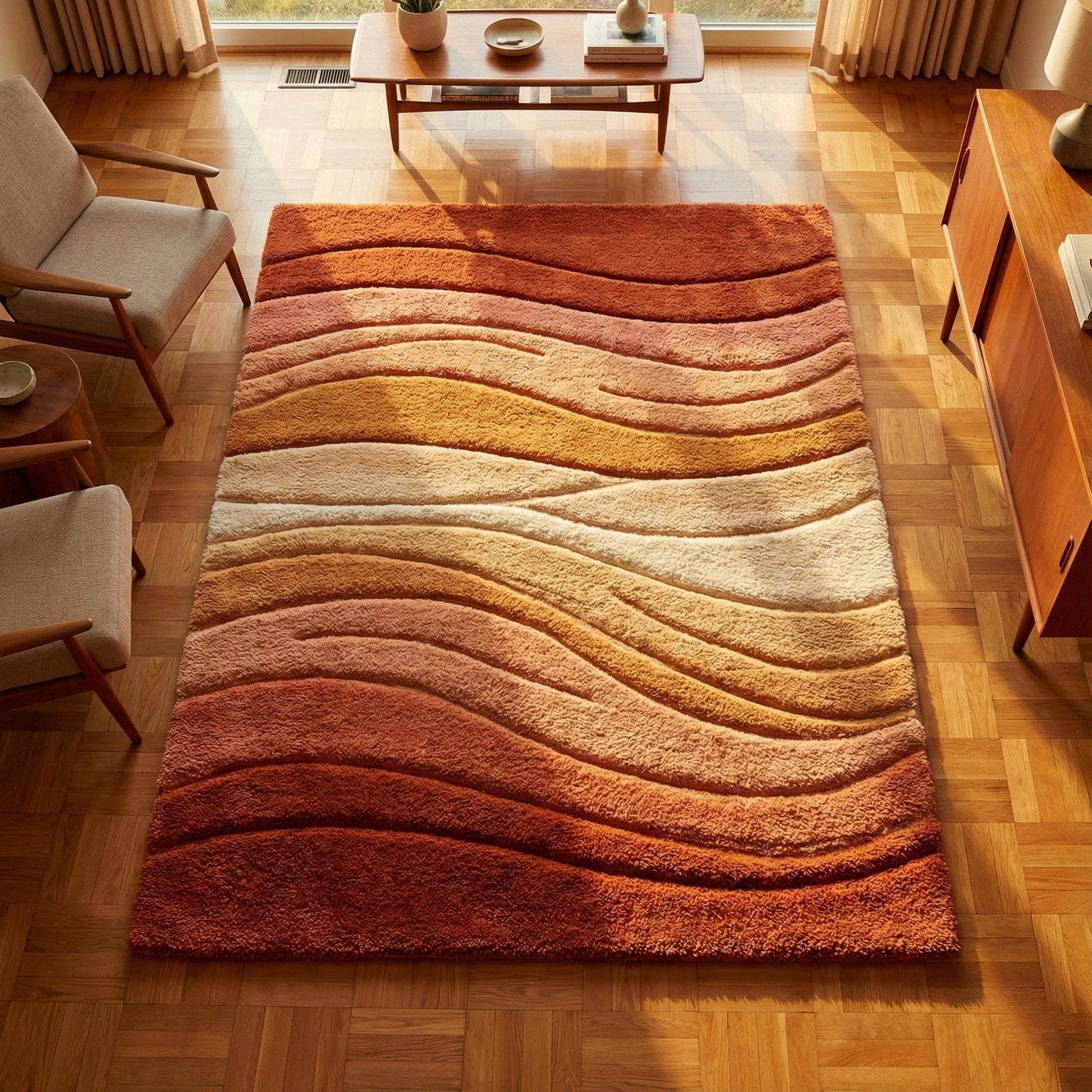 Mid century modern rug with sculpted wave design in earth tone colors, plush tufted fibers, and retro boho style