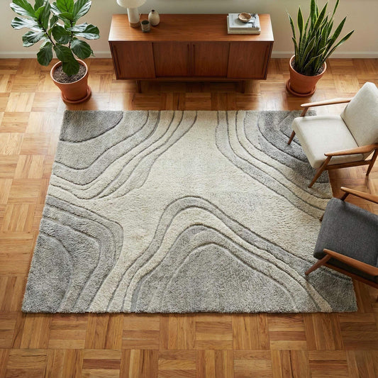 Modern abstract rug with neutral tones and organic contour pattern in a living room setting