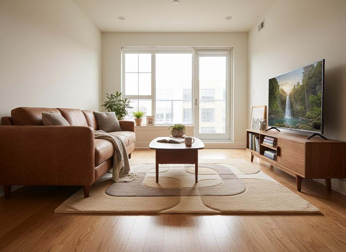 Modern minimalist area rug with curved geometric design and warm neutral palette on wood flooring