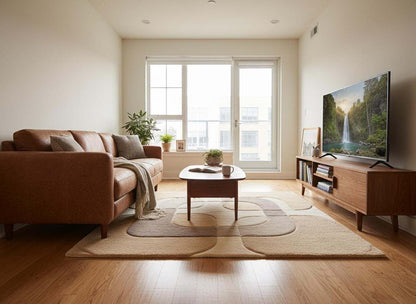 Modern minimalist area rug with curved geometric design and warm neutral palette on wood flooring