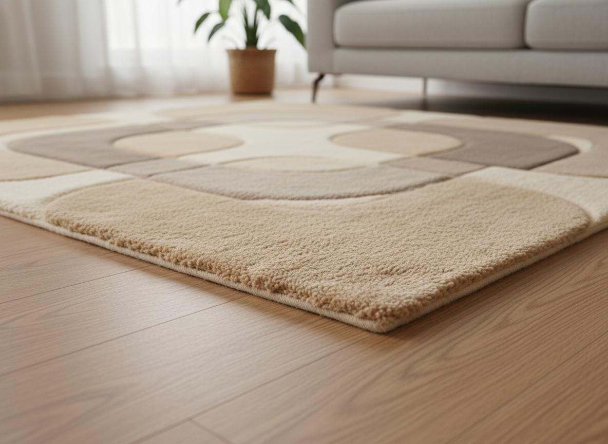 Mid century modern rug with neutral beige taupe geometric pattern and plush texture