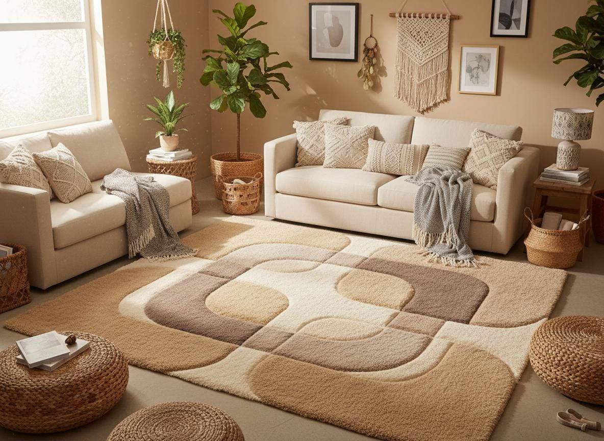Abstract mid century rug featuring soft cream, sand, and taupe colors styled in a cozy living room