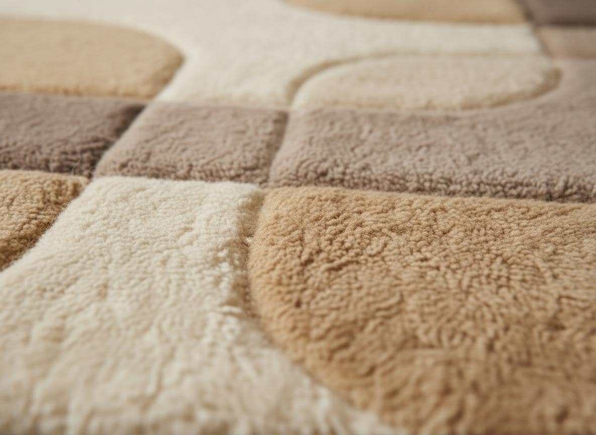Close-up detail of a handmade tufted rug showing textured wool and stitching