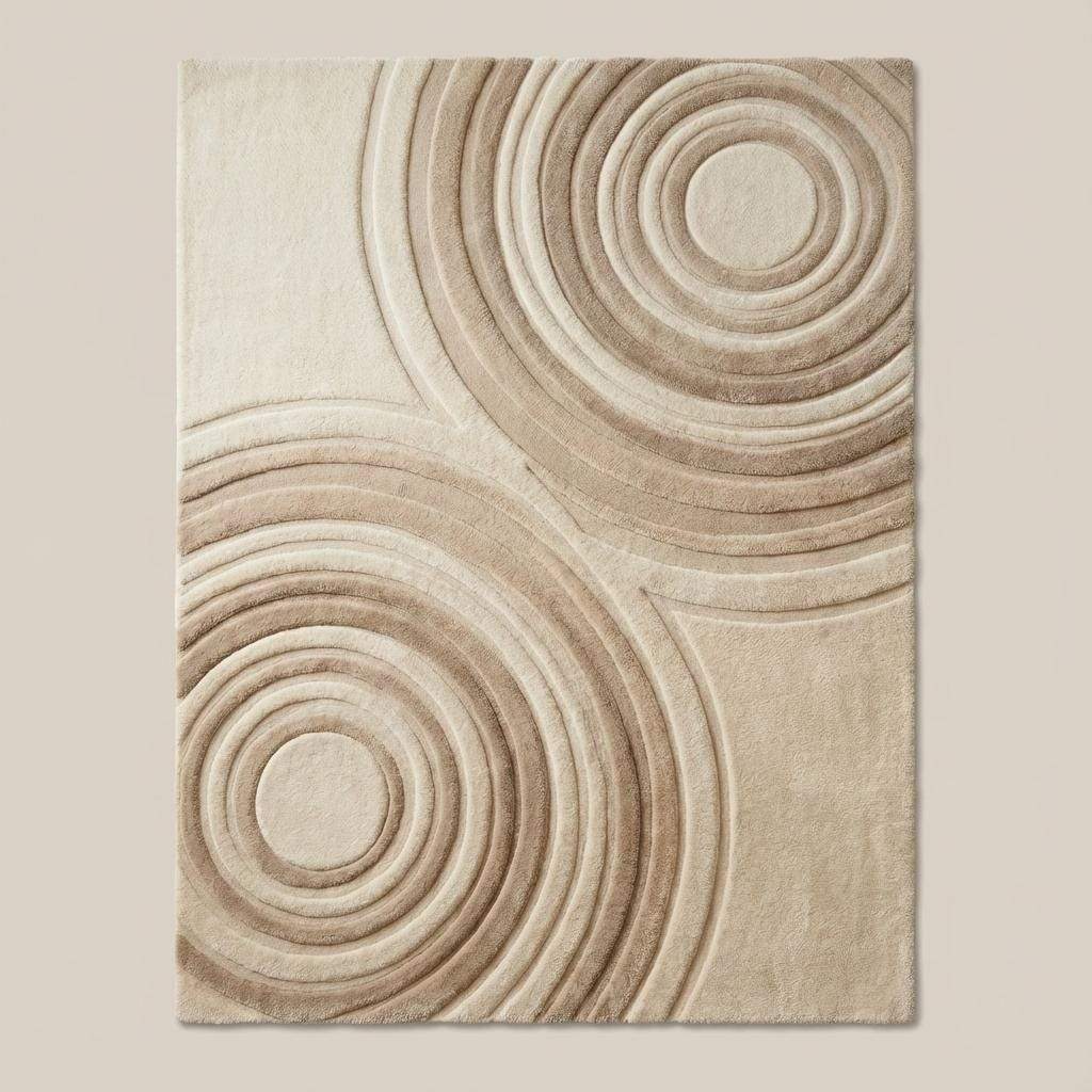 Textured beige and ivory area rug featuring concentric circle design in a modern Japandi-style interior