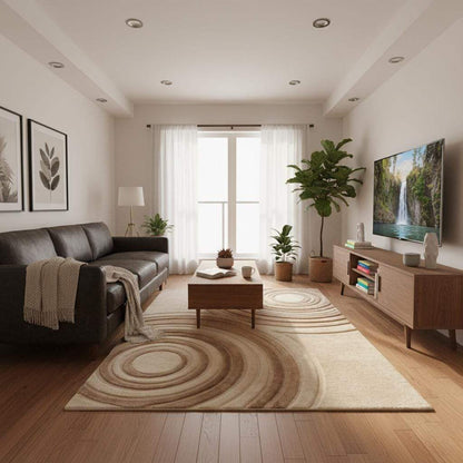 Minimalist cream and sand area rug with abstract circular carving placed on wooden flooring