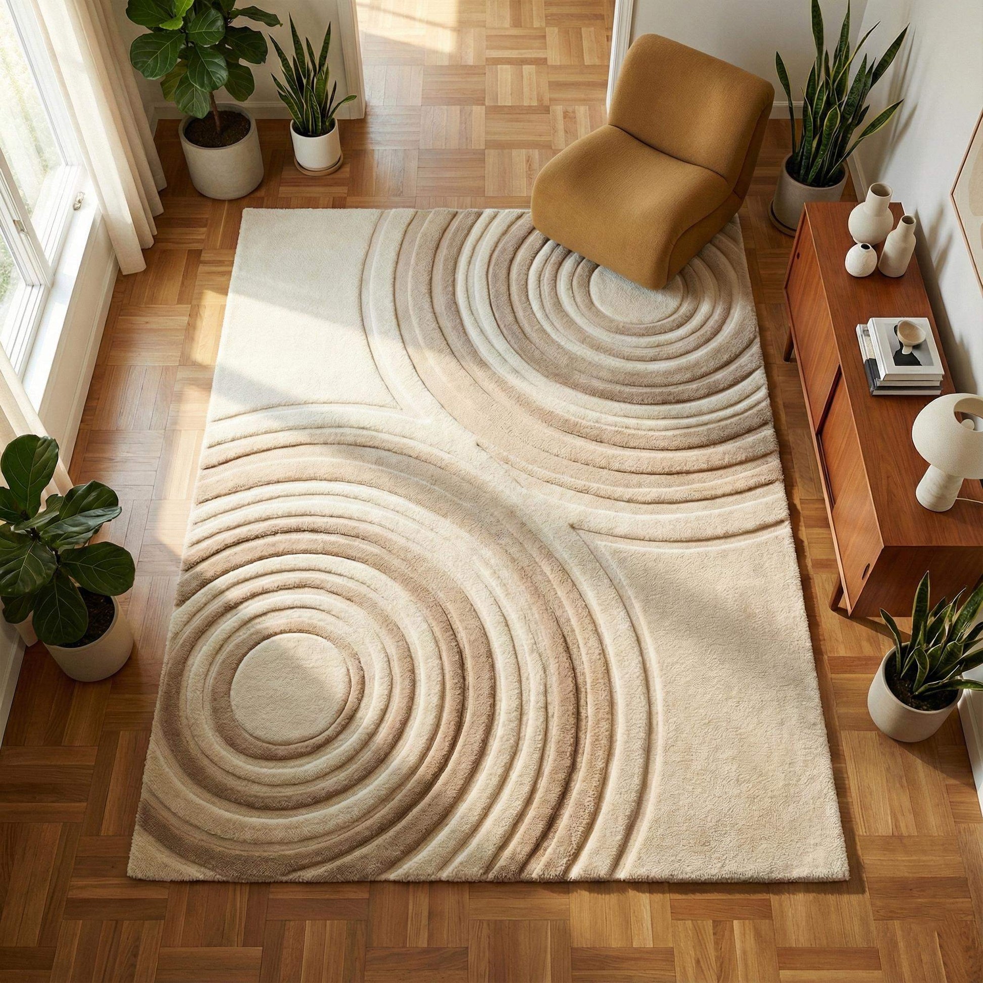 Modern beige neutral area rug with sculpted circle texture, soft plush and durable carpet for minimalist and Japandi style rooms