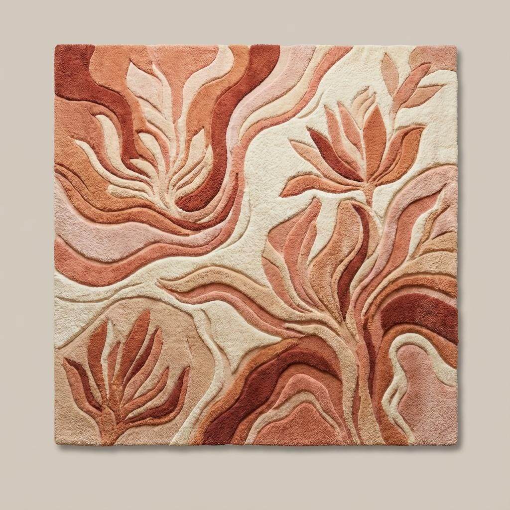 Boho living room rug with sculpted high low pile design in blush rust and beige palette