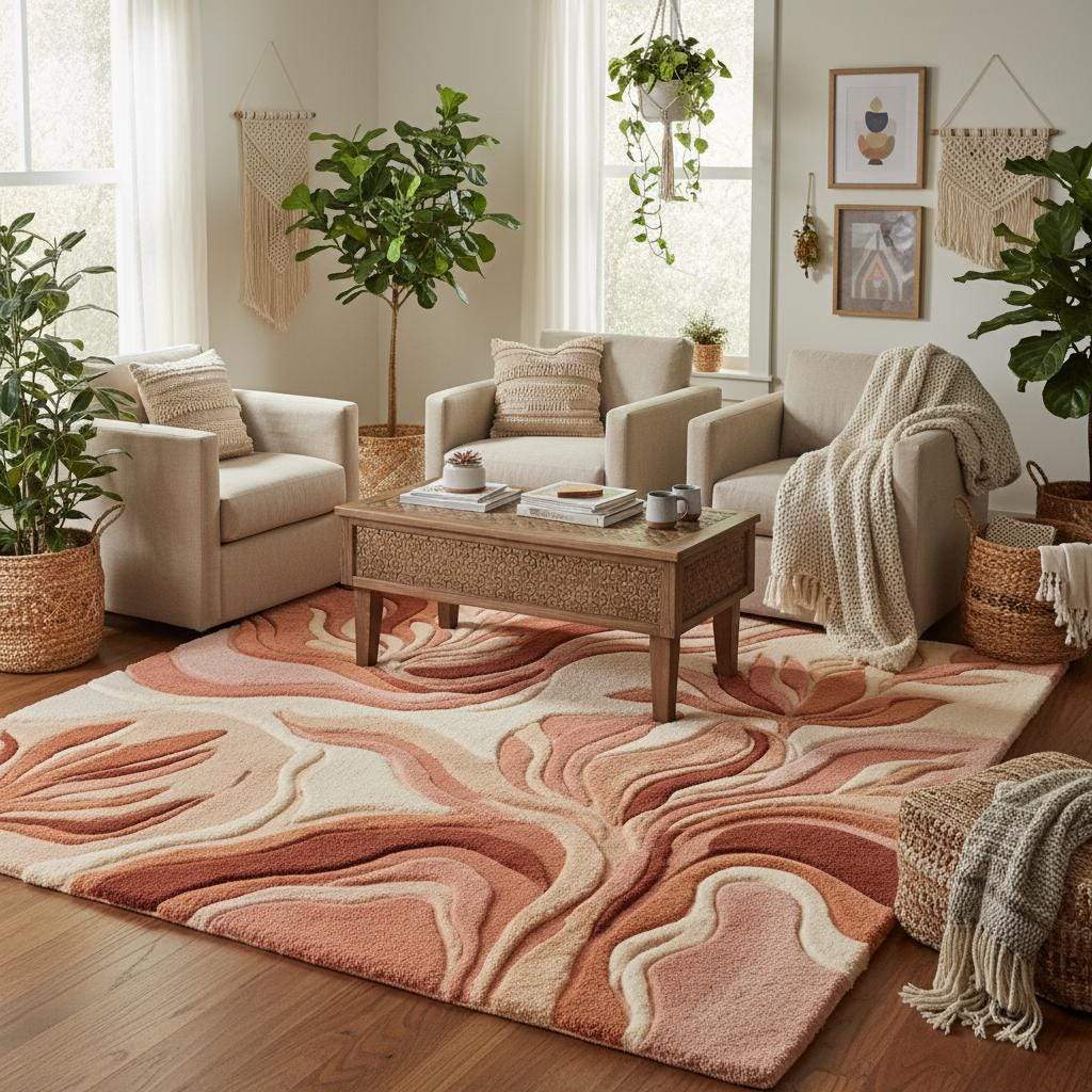 Organic modern carpet with carved texture and warm earthy tones for cozy home decor
