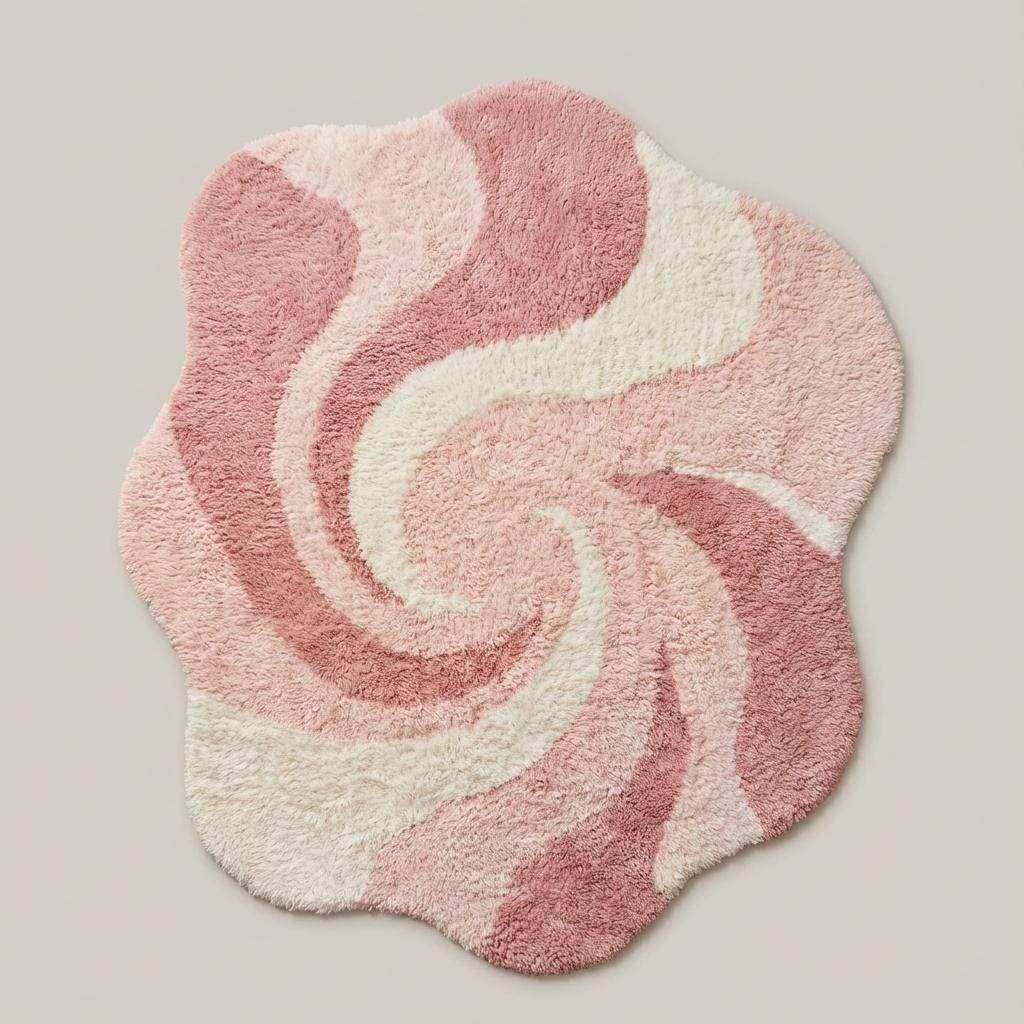 Soft blush pink and cream shag rug featuring organic curved pattern for boho modern home décor