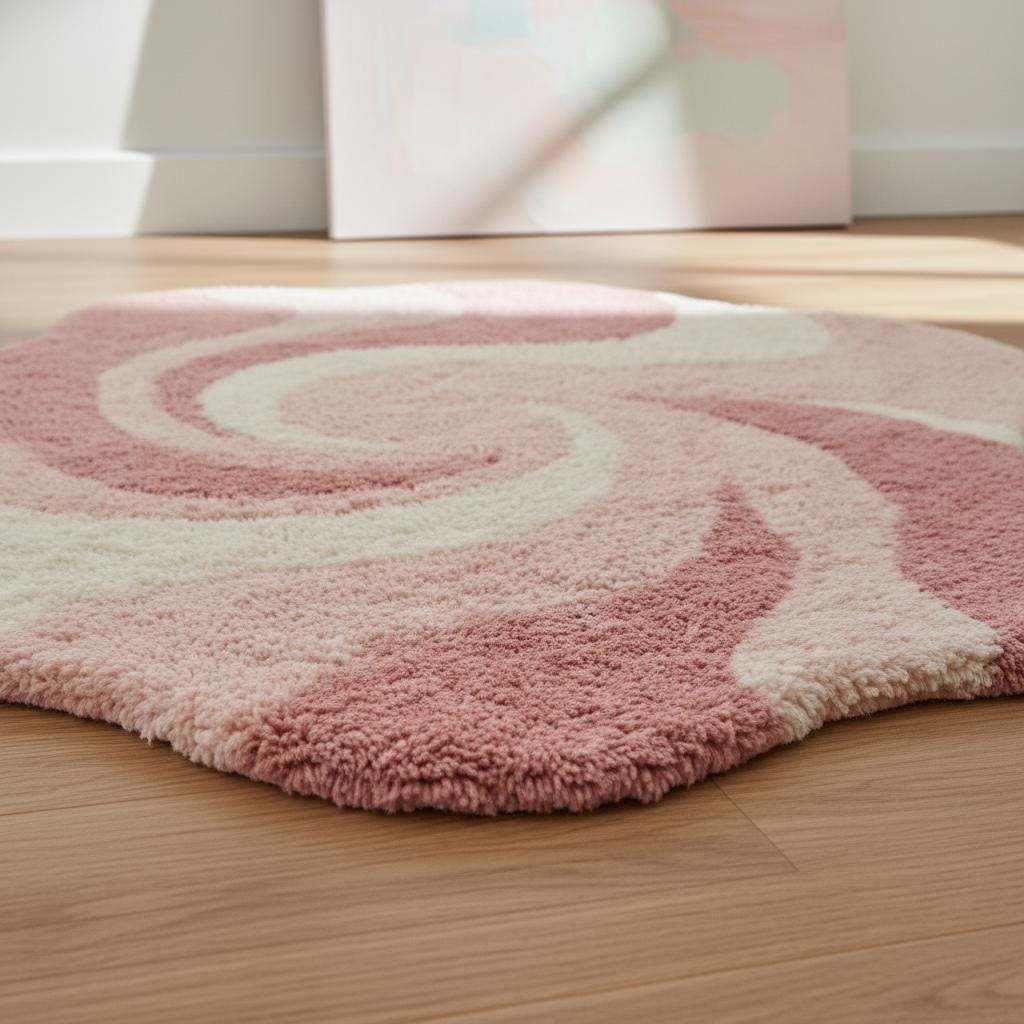 Pink abstract rug with irregular shape and wavy swirl pattern on plush shag material