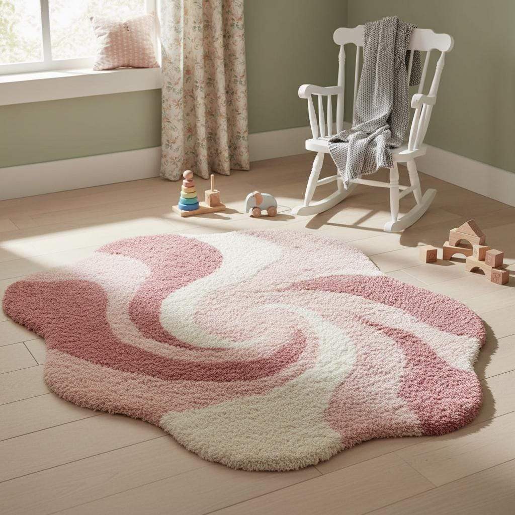 Boho style pink shag area rug with soft texture and artistic swirl pattern on wood flooring