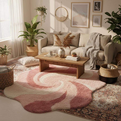 Cozy pink abstract floor rug with high pile texture placed between modern lounge chairs