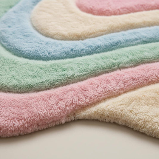 Close-up detail of a handmade tufted rug showing textured wool and stitching