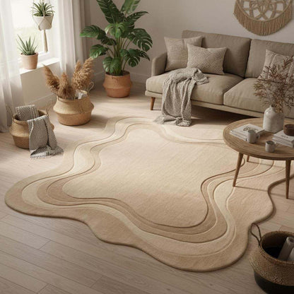 Sculptural minimalist floor rug styled in Japandi interior with natural wood furniture and plants