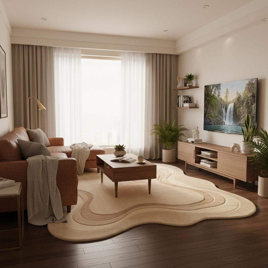 Neutral modern living room rug designed with flowing edges and soft wool texture