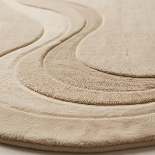 Close-up detail of a handmade tufted rug showing textured wool and stitching