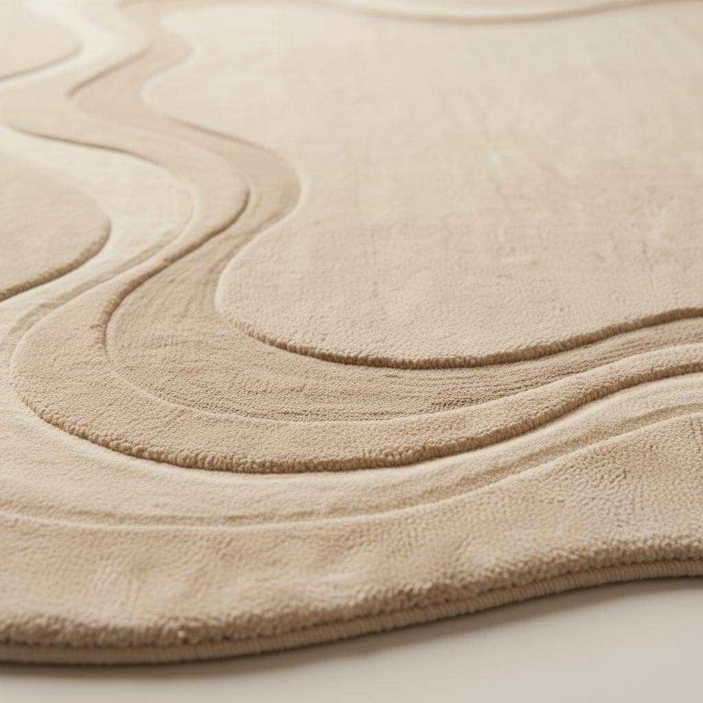 Organic irregular shaped hand tufted wool rug in minimalist living room setting