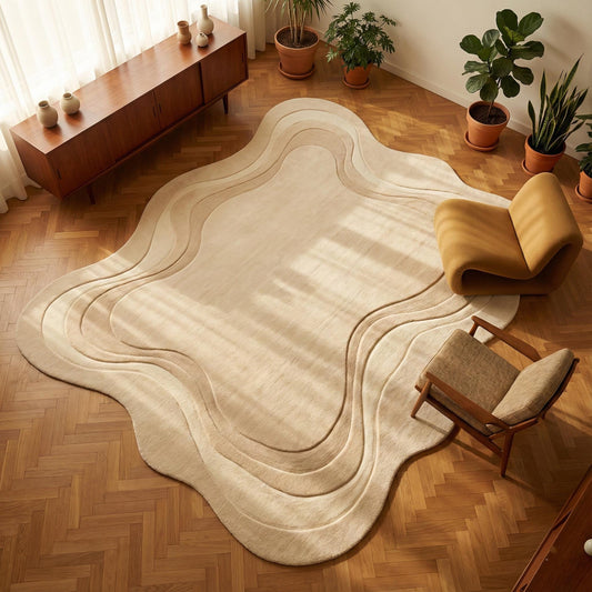 Hand tufted organic irregular shaped wool rug in a minimalist living room with neutral tones.