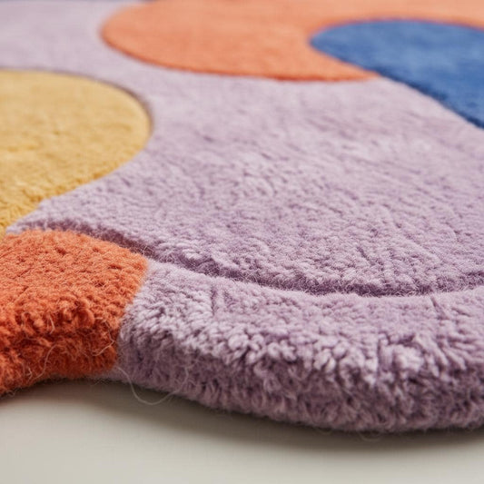 Close-up detail of a handmade tufted rug showing textured wool and stitching