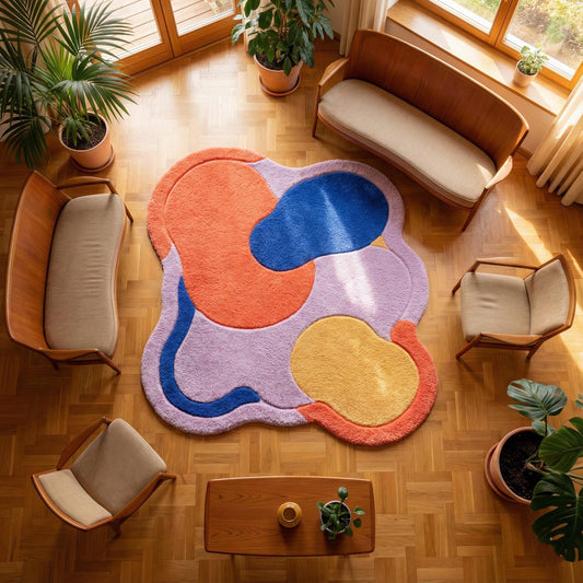Abstract modern area rug with vibrant colors and plush texture for cozy living room decor