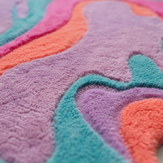 Abstract round shag rug with colorful melting drip design and plush texture